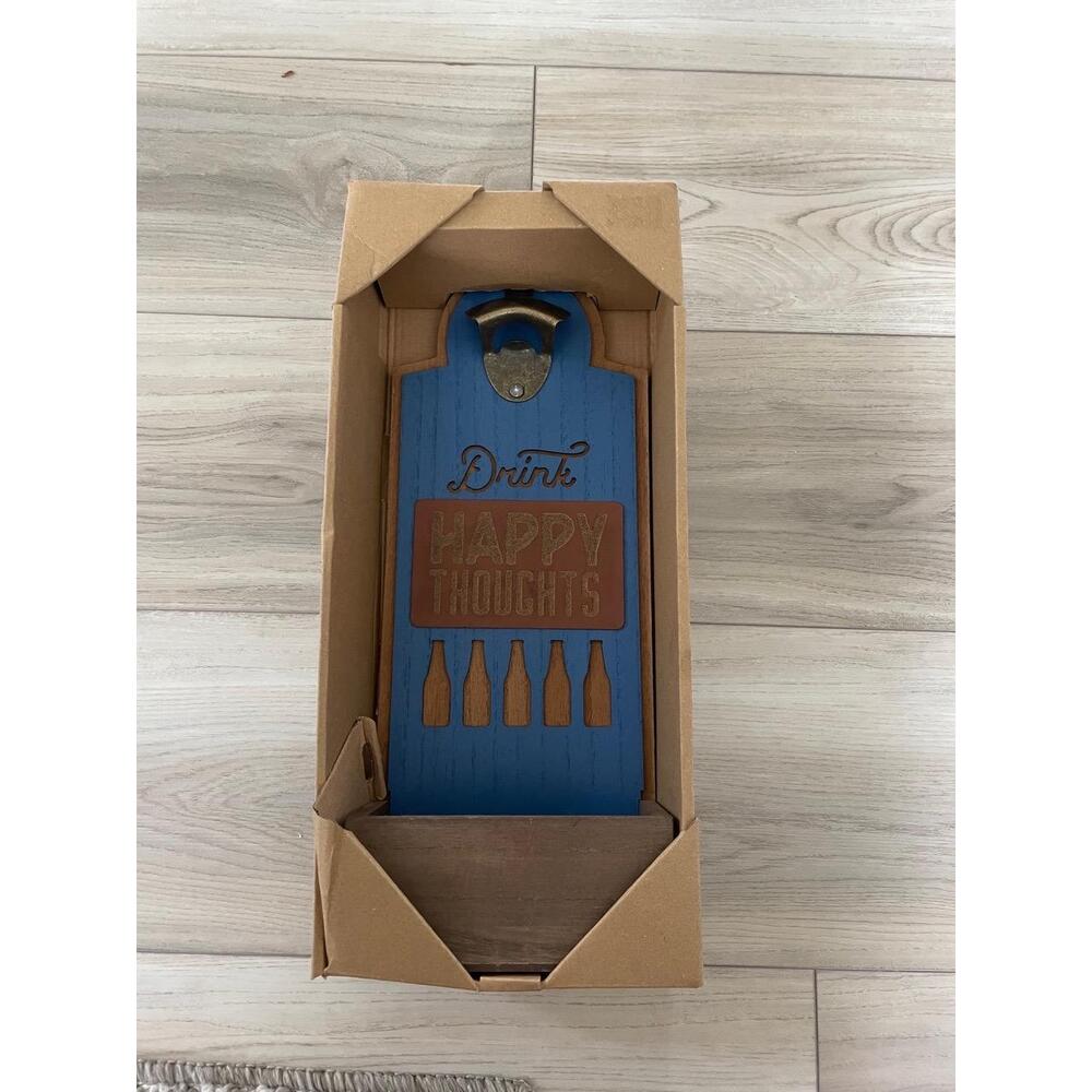 NWT Boston Warehouse‎ Blue Wooden Metal Cap Catcher Wallmounted Bottle Opener